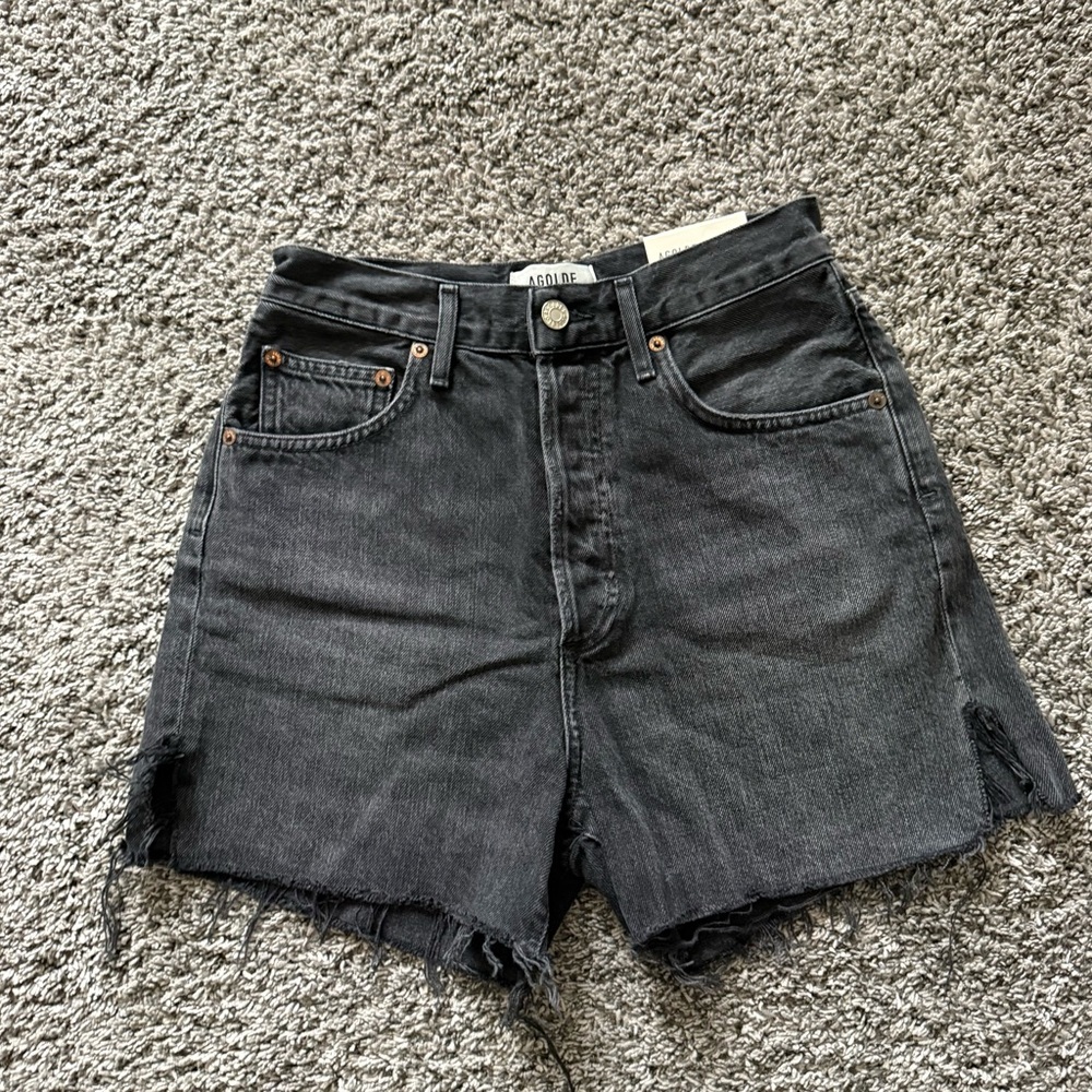 Agolde Black Washed High-Rise Distressed Denim Shorts